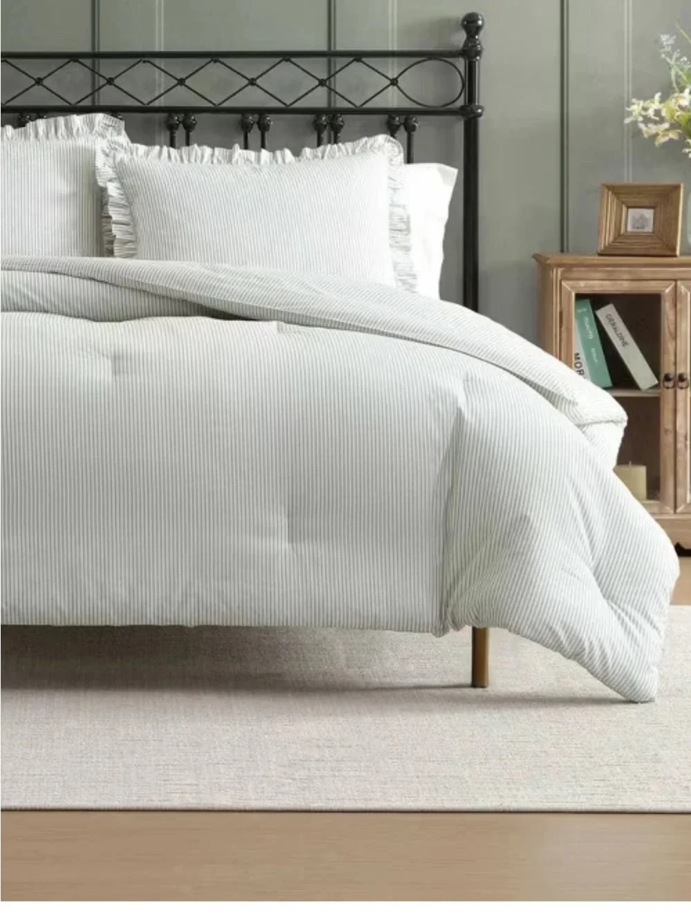 Laura Ashley Oxford Stripe Green Twin Comforter Set 100% Cotton NWT
